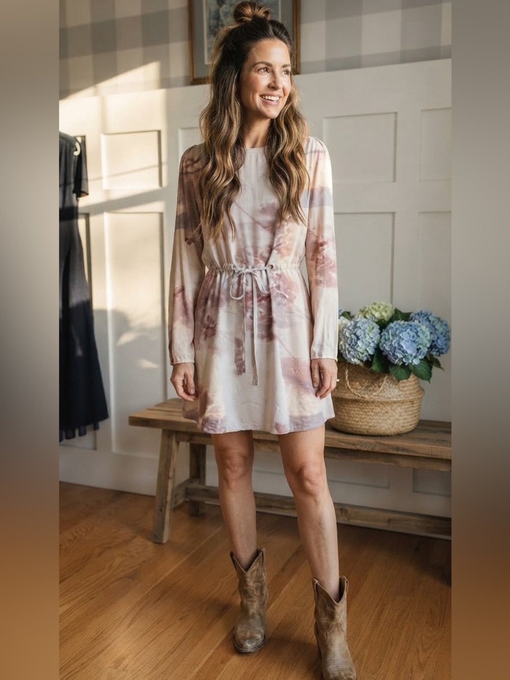 AllSaints Pale Blush Floral Tie-Waist Long Sleeve Dress Size 10